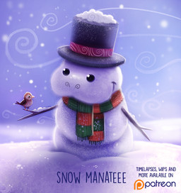 ambiguous_gender beady_eyes black_eyes brown_body brown_feathers clothing feathered_wings feathers feral hat headgear headwear humor outside pun scarf smile snow snowman solo text top_hat visual_pun white_body white_feathers wind wings winter piper_thibodeau aquatic avian bird mammal manatee sirenian digital_media_(artwork) digital_painting_(artwork) english_text painting_(artwork)