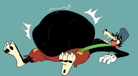 abdominal_bulge anthro belly big_belly black_body black_fur blue_background bottomwear claws clothed clothing fangs fur gloves half-closed_eyes handwear hat headgear headwear huge_belly looking_pleasured lying male motion_lines narrowed_eyes on_back pants pawpads paws sharp_teeth simple_background smile solo struggling struggling_prey suspenders tan_body tan_fur teeth tongue top_hat topless vore canisd disney fairy_tales big_bad_wolf big_bad_wolf_(disney) canid canine canis mammal wolf 2026 hi_res