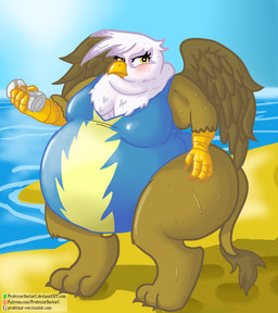 3_toes 4_fingers anthro anthrofied beach beak belly big_belly big_breasts biped blush breasts brown_body brown_claws brown_feathers brown_fur claws clothed clothing curvy_figure day detailed_background eye_markings eyelashes feathered_wings feathers feet female finger_claws fingers fur huge_thighs markings multicolored_body multicolored_feathers obese obese_anthro obese_female one-piece_swimsuit outside overweight overweight_anthro overweight_female purple_body purple_feathers purple_markings sand scuted_arms scutes sea seaside sky solo standing sun swimwear text thick_thighs toe_claws toes water wet white_body white_feathers wide_hips winged_arms wings yellow_beak yellow_claws yellow_eyes professordoctorc friendship_is_magic hasbro my_little_pony mythology gilda_(mlp) avian gryphon mythological_avian mythological_creature 2016 digital_media_(artwork) url