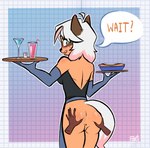 ambiguous_gender anthro anus barely_visible_genitalia barely_visible_pussy blush blush_lines butt clothing disembodied_hand duo female female/ambiguous genitals ghost_hand half_naked pussy solo_focus spread_butt spreading text uniform waiter naet canid canine mammal raccoon_dog tanuki hi_res