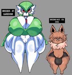 anthro big_breasts bottomwear breasts breed brown_body brown_hair bulge clothing dress duo female genitals green_hair hair huge_breasts huge_hips huge_thighs hyper larger_female larger_humanoid looking_at_viewer male neck_tuft pussy red_eyes shorts size_difference smaller_anthro smaller_male smile text thick_thighs tuft white_body white_eyes wide_hips lewd_dorky nintendo pokemon eevee gardevoir generation_1_pokemon generation_3_pokemon humanoid pokemon_(species) english_text hi_res