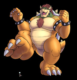 anthro big_feet body_hair bracelet chest_hair claws cream_underbelly duo feet foot_focus jewelry macro male male/male micro musclegut muscular orange_body plantigrade soles stomping white_claws javierowo mario_bros nintendo bowser reptile scalie tortoise turtle hi_res