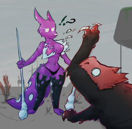 anthro bottomwear breasts clothing confusion female fur melee_weapon purple_body question_mark shirt simple_background solo tail topwear torn_clothing torn_shirt torn_thigh_highs torn_topwear wardrobe_malfunction weapon white_eyes alexleviafan rain_world videocult spearmaster_(rain_world) felid mammal slugcat digital_media_(artwork)