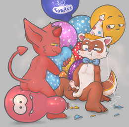 anthro balloon balloon_fetish balloon_popping balls biped blonde_hair blush bodily_fluids bow_tie butt cartoon_freckles clothing cum duo erection foreskin freckled_face freckled_legs freckled_shoulders freckled_thighs freckles genital_fluids genitals grey_background hair hat headgear headwear helium holding_own_penis holding_penis horn humanoid_genitalia humanoid_penis imp_tail inflatable male male/male mostly_nude nude party_hat penis popped_balloon precum print_balloon puffed_cheeks simple_background sitting sitting_on_balloon smug spread_legs spreading sweat tail unretracted_foreskin young young_anthro young_male badipoki float_(badipoki) domestic_ferret imp mammal mustelid musteline true_musteline weasel absurd_res hi_res adult_(lore)