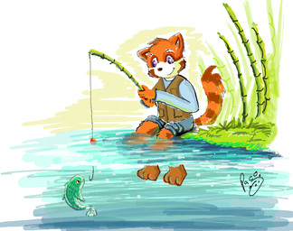 anthro bamboo barefoot blue_bottomwear blue_clothing blue_pants blue_topwear bottomwear brown_clothing brown_topwear brown_vest closed_smile clothed clothing duo feet fishing fishing_rod fur glistening glistening_eyes grass holding_fishing_rod holding_object logo male male_anthro markings mouth_closed orange_body orange_fur pants partially_submerged plant purple_eyes sitting smile striped_markings striped_tail stripes tail tail_markings topwear vest white_body white_fur young young_anthro young_male pandapaco vivikun ailurid aquatic fish mammal red_panda artist_logo signature