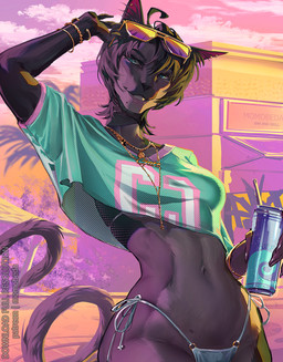 anthro biped breasts claws clothed clothed_anthro clothed_female clothing countershade_torso countershading female fingers front_view fur hair navel smile solo standing tail teeth momobeda felid feline mammal 2026 digital_drawing_(artwork) digital_media_(artwork)