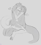 anthro cheek_tuft duo facial_tuft female female/female hand_on_butt heart_symbol hug kissing love nude paws romantic romantic_couple simple_background tuft kadeki kadeki_(character) kj_(character) canid canine canis domestic_dog husky hybrid mammal mustelid nordic_sled_dog otter spitz wolf hi_res monochrome unfinished