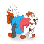 anthro big_diaper blue_diaper butt butt_bump clean_diaper clothed clothing diaper diaper_bump diaper_only duo male padding red_diaper simple_background topless wearing_diaper white_background burritokitten nintendo pokemon generation_8_pokemon lagomorph leporid mammal pokemon_(species) raboot scorbunny 1:1 hi_res