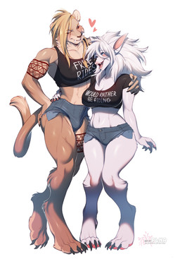 5_fingers anthro anthro_on_anthro biped blonde_hair blush blush_lines bottomwear bulge claws clothed clothing denim denim_bottomwear denim_clothing denim_shorts digitigrade dipstick_tail duo fangs female fingers gynomorph gynomorph/female hair heart_symbol intersex intersex/female interspecies markings muscular muscular_gynomorph muscular_intersex open_mouth open_smile shorts simple_background smile tail tail_markings teeth text text_on_clothing text_on_topwear topwear white_background white_hair plna lexi_joyhart vilanah_grimclaw canid felid mammal archived_source english_text hi_res