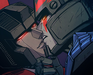 duo glowing kissing machine male male/male not_furry purple_background red_eyes simple_background teeth tongue yellow_eyes sneefee hasbro takara_tomy transformers megatron starscream humanoid robot seeker_(transformers) 2013