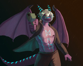abs aiming_at_viewer aiming_weapon anthro athletic athletic_anthro athletic_male blue_markings claws gun hair handgun horn male markings navel nipples pecs pistol purple_body raining ranged_weapon solo tail weapon white_hair wings anonymous_artist mythology grydir_dacanoor_(griffonki) dragon mythological_creature mythological_scalie scalie 5:4 hi_res