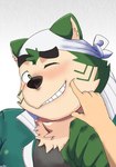 anthro blush eyebrows fur green_body green_fur grin kerchief male poking_cheek slightly_chubby smile solo thick_eyebrows lester232864759 lifewonders live_a_hero mokdai canid canine canis domestic_dog mammal hi_res