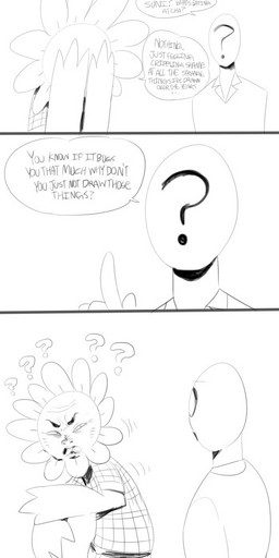 belt bottomwear clothing covering covering_face dialogue duo emanata eyebrows flower furrowed_eyebrows male monotone_background pants plant question_mark shirt simple_background text the_truth topwear white_background sunibee anon anonymous suni_b._sunflower elemental_creature flora_fauna flower_creature human humanoid mammal black_and_white digital_drawing_(artwork) digital_media_(artwork) english_text hi_res monochrome sketch