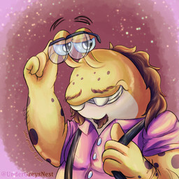 4_fingers abstract_background anthro arm_hair body_hair brown_hair brown_spots buckteeth charming clothing collared_shirt dress_shirt eyebrows eyestalks eyewear facial_hair fingers floating_eyebrows freckled_face freckles glasses goatee hair male mustache nerd overweight overweight_male pink_clothing pink_shirt pink_topwear raised_eyebrows shirt smile solo spots spotted_arms suspenders teeth topwear wearing_glasses yellow_body undergreysnest ewan_(the-alfie-incorporated) banana_slug gastropod mollusk slug 1:1 2024 colored dated shaded signature watermark