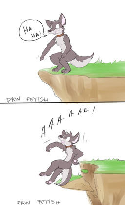 anthro chest_tuft cliff collar collar_only fur gesture hand_gesture humor laugh nude open_mouth open_smile pawpads pointing smile solo tuft zenonclaw canid canine canis fox hybrid mammal wolf hi_res