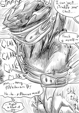 anthro bodily_fluids bound chain chained cuff_(restraint) dialogue duo explicit_text female male offscreen_character offscreen_dominant offscreen_female offscreen_sex restraints struggling sweat dragonweirdo beastars haru_(beastars) legoshi_(beastars) canid canine canis mammal wolf absurd_res comic hi_res monochrome