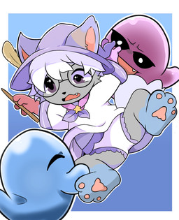 ambiguous_gender anthro biped black_nose black_sclera clothed clothing cute_fangs eyes_closed eyewear fangs fur furgonomic_hat furgonomic_headwear furgonomics glasses grey_body grey_fur group hair hat headgear headwear holding_object holding_wand leg_markings looking_at_another magic_user male markings open_mouth pawpads round_glasses shirt short_hair simple_background socks_(marking) teeth tongue topwear trio underwear wand white_clothing white_eyes white_hair white_shirt white_topwear white_underwear witch_hat young young_anthro young_male fieryfur canid canine domestic_cat felid feline felis fox ghost hybrid mammal spirit 2026 hi_res