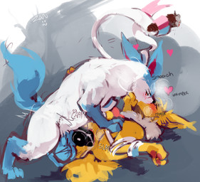 anal bodily_fluids cigar eyes_closed kissing male male/male ribbons white_body yellow_body zanthu nintendo pokemon eeveelution generation_1_pokemon generation_6_pokemon jolteon pokemon_(species) sylveon hi_res incest_(lore)