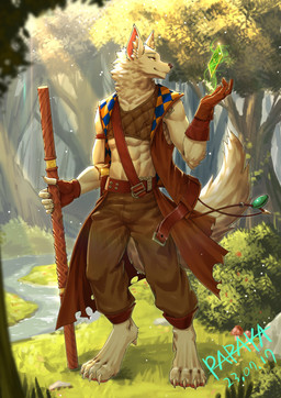 anthro belt bottomwear brown_belt brown_bottomwear brown_clothing brown_gloves brown_handwear brown_nose brown_pants brown_topwear clothed clothing front_view fur gloves handwear inner_ear_fluff magic_user male mouth_closed narrowed_eyes neck_tuft outside pants plant shrub solo standing tan_body tan_fur tan_inner_ear_fluff topwear tree tuft water yellow_eyes papayafurry canid canine fox mammal 2023 absurd_res dated full-length_portrait hi_res portrait signature
