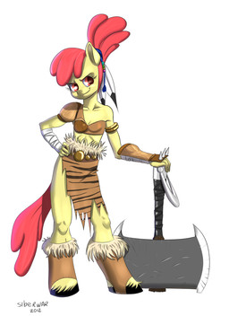 adolescent anthro anthrofied axe barbarian breasts double_bitted_axe female hair hooves melee_weapon red_hair simple_background small_breasts solo tail warrior weapon white_background young siberwar friendship_is_magic hasbro my_little_pony apple_bloom_(mlp) earth_pony equid equine horse mammal pony 2012 hi_res