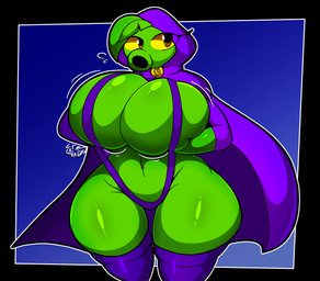 anthro armwear big_breasts black_border blue_background border breast_squish breasts brown_eyes cape clothing eyelashes female green_body green_hair hair hand_on_breast hand_on_own_breast holding_breast hood huge_breasts leaf leaf_hair legwear motion_lines navel not_furry plant plant_hair pseudo_hair purple_armwear purple_cape purple_clothing purple_hood purple_legwear simple_background siphon_(anatomy) solo squish thick_thighs three-quarter_view yellow_sclera lewdnabs electronic_arts plants_vs._zombies plants_vs._zombies_heroes popcap_games green_shadow elemental_creature elemental_humanoid flora_fauna humanoid peashooter_(pvz) plant_humanoid 2026 absurd_res cel_shading colored digital_media_(artwork) hi_res portrait shaded signature three-quarter_portrait