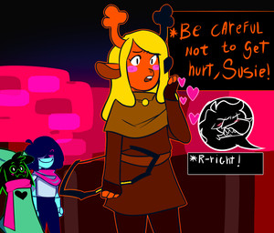 anthro black_body black_fur blush clothed clothing eyewear female fur glasses group hair hat headgear headwear heart_symbol horn male scarf simple_background smile text lichenoid_(artist) deltarune undertale_(series) kris_dreemurr noelle_holiday ralsei susie_(deltarune) bovid caprine darkner deer goat human mammal new_world_deer reindeer reptile scalie 2018 digital_media_(artwork) english_text
