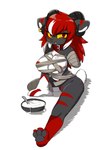 3_toes amputee anthro bandage disability ear_piercing ear_ring eating feet female food hair horn piercing red_hair ring_piercing solo toes womb_tattoo snow_angel_(artist) nala_(nightnight) bovid caprine caprine_demon demon goat_demon mammal hi_res