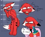 anthro balls black_markings blue_penis blush bodily_fluids clothing ear_markings ears_down genital_fluids genitals knot knotted_penis leaking_precum male male/male markings measurements necktie nervous_smile penis pink_clothing pink_shirt pink_topwear pivoted_ears precum red_body shirt solo speech_bubble stripes tail teeth thinking_with_portals topwear white_ears white_tail yellow_teeth snubcube rye_(snubcube) theiron_(snubcube) canid canine mammal model_sheet