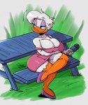 anthro areola areola_slip big_breasts biped blue_eyes breasts cleavage clothed clothing crossed_legs dress electronics eyelashes female footwear furniture glistening glistening_body hair holding_microphone holding_object huge_breasts microphone non-mammal_breasts outside panties pink_clothing pupils shoes sitting smile solo table thick_thighs three-quarter_view underwear white_body white_hair carlos_jurado_cartoons disney daisy_duck anatid anseriform avian bird duck hi_res