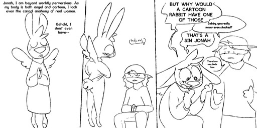 anthro backwards_baseball_cap backwards_hat baseball_cap beard butt clothed clothed_female clothed_male clothing despair dialogue duo existential_crisis eyelashes facial_hair feathered_wings feathers female female_anthro flashing flashing_pussy freckled_face freckles fur hat headgear headwear humor long_eyelashes male male_human rabbit_ears simple_background speech_bubble surprised text tuft white_background wings the_weaver angel_hare the_east_patch angel_gabby jonah_whitman angel hare human lagomorph leporid mammal 2024 comic english_text hi_res line_art monochrome
