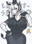 anthro big_breasts breasts clothed clothing female fur hair police smile solo stripes topwear white_body azi_4081 equid equine mammal zebra hi_res