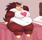 anthro bed belly big_belly big_breasts black_nose bottomwear breasts brown_body brown_fur bubble clothed clothing double_chin fat_arms female fur furniture half-closed_eyes heart_clothing heart_shirt heart_symbol heart_topwear huge_thighs narrowed_eyes navel_outline obese obese_anthro obese_female on_bed one_eye_closed open_mouth overweight overweight_anthro overweight_female panties pillow shirt sitting solo thick_thighs tired topwear underwear waking_up smolsnuff wiishyishii animal_crossing nintendo sable_able eulipotyphlan hedgehog mammal hi_res