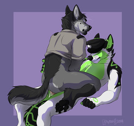 anal anal_penetration anthro balls bodily_fluids bottomless clothed clothing cowgirl_position cum cum_in_ass cum_inside duo erection eyes_closed from_front_position fur genital_fluids genitals green_markings grey_body grey_fur grey_hair hair knot lying male male/male male_on_bottom male_on_top male_penetrated male_penetrating male_penetrating_male markings nude on_back on_bottom on_top penetration penis police police_hat sex straddling tail white_body white_fur flynx-flink canid canine canis domestic_dog mammal 2014