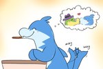 anthro biped blue_body blush clothing eyes_closed food green_body hat headgear headwear heart_symbol kemono kissing tail tail_motion tailwag keeperaft brok_the_investigator cowcat_games pocky brok_(brok_the_investigator) iruyo_the_dolphin alligator alligatorid cetacean crocodilian dolphin mammal marine oceanic_dolphin reptile scalie toothed_whale 2022