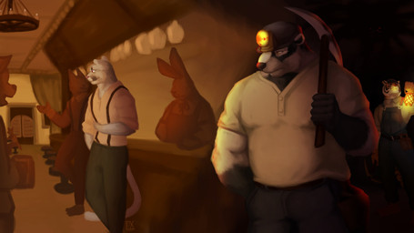 albino anthro bar biped black_body black_fur cavern clothed clothing fur holding_lantern holding_object lamp lantern male miner miner_helmet multicolored_body multicolored_fur pickaxe two_tone_body two_tone_fur white_body white_fur lex1art echo_(series) echo_project the_smoke_room background_character feng_yaolin nikolai_krol samuel_ayers badger cougar european_badger felid feline lagomorph leporid mammal meles mustelid musteline pantherine rabbit tiger 2021 colored hi_res signature