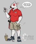 anthro beverage black_clothing black_footwear black_nose black_shoes black_sneakers bottomwear breasts bullseye cargo_shorts cigarette claws clothing collared_shirt complaining container cup disposable_cup drinking_straw exhaling_smoke eyebrow_piercing facial_piercing female footwear grey_background gun hand_in_pocket holding_cigarette holding_object iced_coffee medium_breasts name_tag pawpads piercing pockets ranged_weapon red_clothing red_shirt red_topwear shirt shoelaces shoelaces_untied shoes shorts simple_background smoking sneakers solo speech_bubble tail text topwear weapon white_body jeepers-sheepers target_corporation bull_terrier canid canine canis domestic_dog hunting_dog mammal terrier digital_media_(artwork) english_text