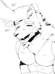 anthro biceps blush disembodied_hand duo eyes_closed hand_on_head headpat kemono male muscular muscular_male nipples open_mouth pecs petting simple_background smile solo_focus hachi_duchi canid canine mammal 3:4 absurd_res hi_res monochrome