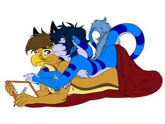 anthro beak bedding blanket claws duo fur hair male male/male pencil_(object) side_view smile tail tail_tuft tuft kangaroo-county-productions mythology randoru avian gryphon mythological_avian mythological_creature ruke 4:3