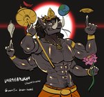 4_arms abs accessory anthro armlet armpit_hair aura black_body black_hair body_hair bracelet chakram clothed clothing conch crown dharmachakra ear_piercing ear_ring earth_(planet) flower hair halo headgear jewelry lotus_(flower) mace male melee_weapon multi_arm multi_limb necklace nipple_piercing nipples piercing plant ring_piercing solo text tiara topless weapon linreddragon eastern_mythology mythology deity mammal suid suine sus_(pig) wild_boar absurd_res english_text hi_res