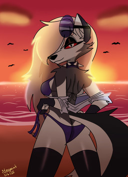 anthro beach bikini black_eyelids butt clothed clothed_anthro clothed_female clothing collar eyewear eyewear_on_head female fur grey_body grey_fur grey_hair hair long_hair looking_at_viewer looking_back looking_back_at_viewer outside pupils purple_bikini purple_clothing purple_swimwear purple_tinted_eyewear rear_view red_sclera red_sky sea sky slit_pupils smile solo spiked_collar spikes sunglasses sunglasses_on_head sunset swimwear tail two-piece_swimsuit water wearing_sunglasses white_body white_eyes white_fur starpaintart hellaverse helluva_boss mythology loona_(helluva_boss) ambient_bird canid canid_demon canine demon hellhound mammal mythological_canine mythological_creature 2025 absurd_res hi_res portrait three-quarter_portrait