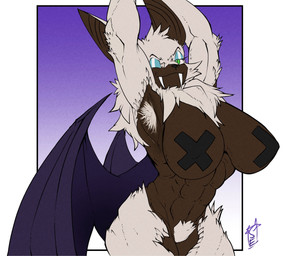 abs anthro armpit_hair bat_ears bat_wings big_breasts blue_eyeshadow body_hair breasts brown_body brown_skin chest_tuft covering covering_breasts eyeshadow fangs female fur green_eyes makeup membrane_(anatomy) membranous_wings mostly_nude muscular muscular_female nipple_tape nipple_tape_only pasties pubes solo tape teeth thigh_fur tuft white_body white_fur wings simpleesteban sega sonic_the_hedgehog_(series) rouge_the_bat rouge_the_werebat bat mammal werebat werecreature hi_res