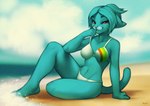 anthro beach bikini blue_body blue_fur breasts cartoon_network clothed clothing digital_media_(artwork) digital_painting_(artwork) falvie felid female fur hi_res looking_at_viewer mammal mature_anthro mature_female navel nicole_watterson red_eyes seaside smile solo swimwear tail the_amazing_world_of_gumball two-piece_swimsuit