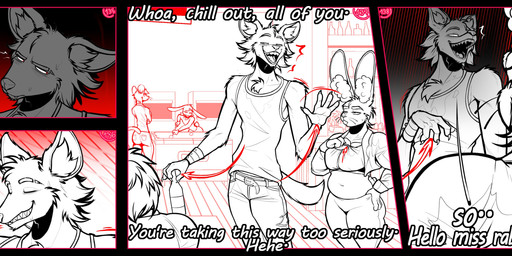 4_fingers angry annoyed anthro big_breasts black_background bottomwear breasts buckteeth claws clothing cotton_tail denim denim_bottomwear denim_clothing dialogue female fingers intimidation jacket jeans larger_male long_ears male mischievous_smile mocking motion_lines muscular muscular_female navel pants red_background scut_tail sharp_teeth short_tail showing_claws simple_background size_difference slightly_chubby slightly_chubby_female smaller_female tail teeth text thick_thighs topwear wet wet_clothing wide_hipped_female wide_hips softbunnyhouse fatima_coco tod_(softbunnyhouse) felid feline hyena lagomorph leporid mammal rabbit absurd_res black_and_white comic digital_drawing_(artwork) digital_media_(artwork) hi_res monochrome multiple_scenes
