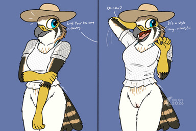 anthro bottomless bottomless_female casual_exposure clothed clothing crop_top dress female genitals hat headgear headwear shirt solo sun_hat sundress topwear vulva fish_birb bra_strap_showing_(meme) evy_(fish_birb) american_kestrel avian bird falcon falconid kestrel absurd_res hi_res meme