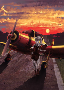 5_fingers aircraft airplane anthro biped breasts clothed clothing day detailed_background digitigrade eyewear female fingers fur goggles grey_body grey_fur grey_hair hair outside sky solo standing sun vehicle amenlona canid canine canis domestic_dog mammal 2012 digital_media_(artwork) hi_res