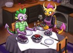 anthro appliance apron blue_eyes blush bottomwear breasts chair clothed clothing cutlery dinner dishes duo fangs female fork furniture gem green_eyes heart_symbol horn inside kitchen_appliance kitchen_stove kitchen_utensils knife licking licking_lips male membrane_(anatomy) membranous_wings open_mouth orange_body orange_scales purple_body purple_scales scales shirt skirt stove table tail tail_under_skirt teeth tongue tongue_out tools topwear wings king-kakapo friendship_is_magic hasbro my_little_pony mythology smolder_(mlp) spike_(mlp) dragon mythological_creature mythological_scalie scalie 2021 hi_res