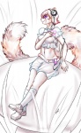 anthro belt biped bottomwear claws clothing electronics female fluffy fluffy_tail footwear headphones heart_symbol legwear midriff portable_music_player purple_eyes shoes sitting skirt smile solo stockings tail fudchan apple_inc. ipod ailurid mammal red_panda