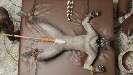 anthro anus balls bed bound butt claws clothed clothing cuff_(restraint) dildo dildo_insertion duo female forced fully_clothed fur furniture gag genitals grey_body grey_fur high-angle_view inside lying male male/female male_penetrated muzzle_(object) muzzled on_back penetration penis rape restraints sex sex_toy sex_toy_insertion spread_arms spread_eagle spread_legs spreading submissive submissive_male yellow_eyes hollaric microsoft the_elder_scrolls felid khajiit mammal 16:9 3d_(artwork) 4k absurd_res digital_media_(artwork) hi_res widescreen