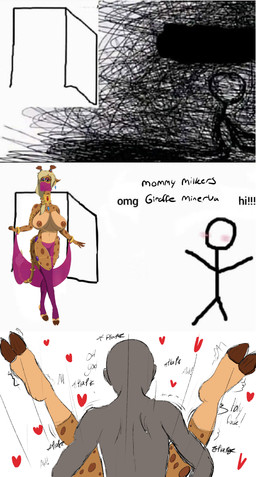anthro big_breasts blush breasts brown_body dialogue duo female female_on_human green_eyes hair heart_symbol human_on_anthro interspecies larger_anthro male male/female male_on_anthro markings offscreen_sex sex shitpost size_difference spots spotted_body spotted_markings spread_legs spreading stick_figure text vexxyvex omg_hi! anon minerva_(vexxyvex) giraffe giraffid human mammal english_text hi_res meme