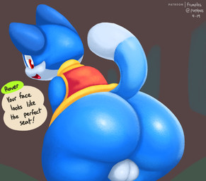 anthro backsack balls big_butt blue_body blue_fur bottomless butt butt_focus clothed clothing dialogue_box dipstick_tail exclamation_point fur genitals looking_back male markings multicolored_tail shortstack shortstack_male solo tail tail_markings text white_balls frumples animal_crossing nintendo patreon rover_(animal_crossing) domestic_cat felid feline felis mammal 2019 digital_media_(artwork) english_text